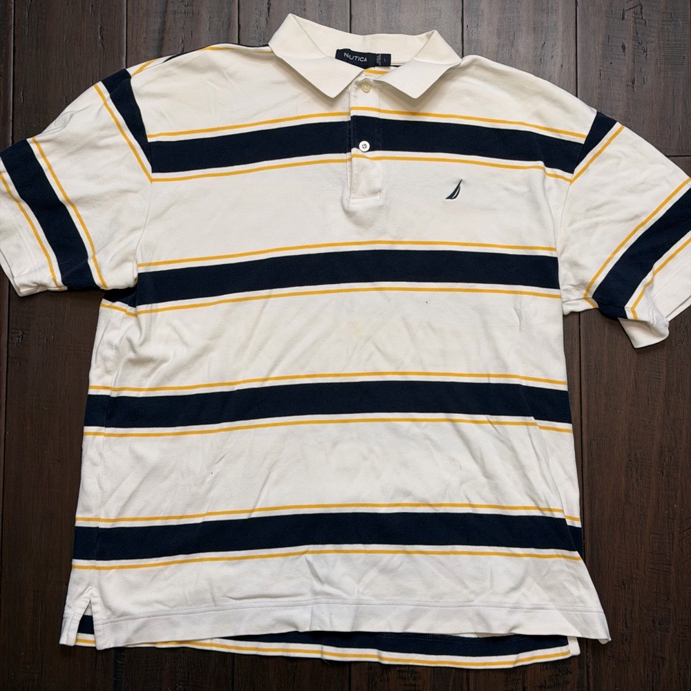 Nautica Men's Polo Shirt - Cream, Navy, and Yellow Stripes